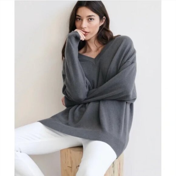Jenni Kayne Womens Charlie Cashmere V-Neck Knit Sweater L Oversized Gray Cozy - Picture 1 of 12